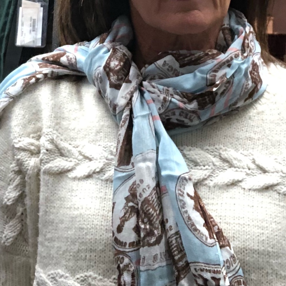 Scarf in baby blue, ivory, brown